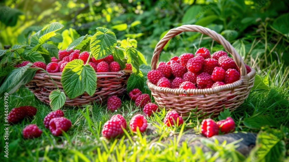 Fresh raspberry fruit in basket on grass ground lawn Fresh raspberry fruit in basket on grass ground lawn