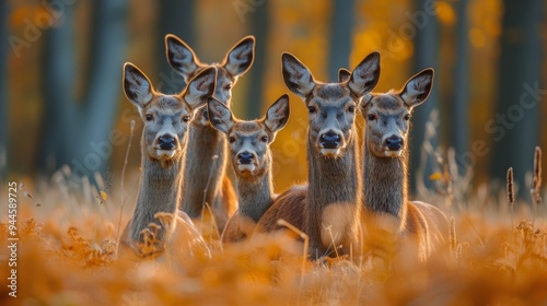 Group of red deer in autumn forest during rutting season
