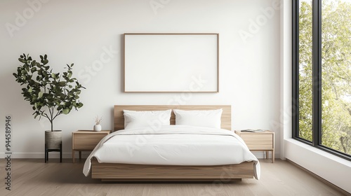 Bright and airy bedroom featuring a minimalist design with a wooden bed, white bedding, and large windows for natural light.
