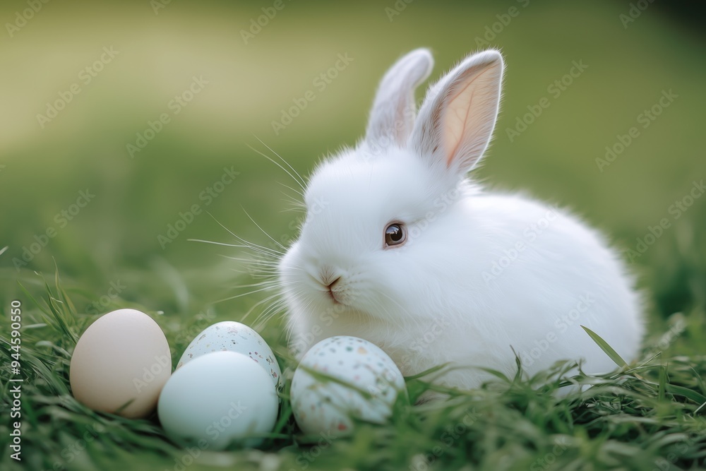 Funny small little bunny with easter eggs on green lawn outdoors on sunny spring day Funny small little bunny with easter eggs on green lawn outdoors on sunny spring day