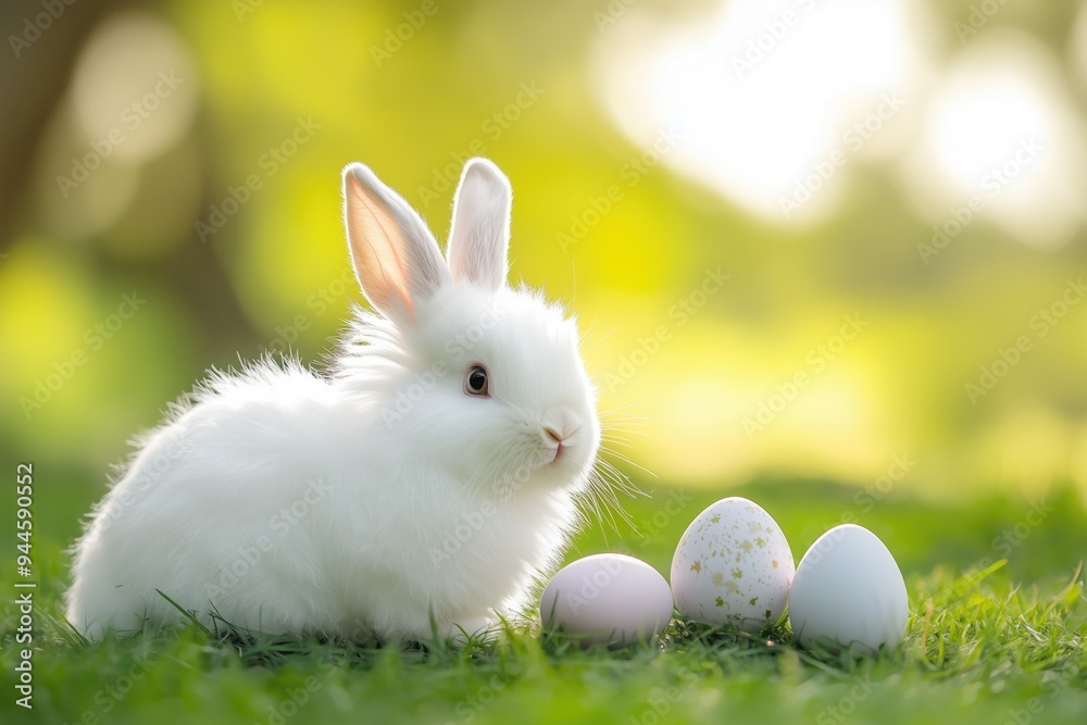 Funny small little bunny with easter eggs on green lawn outdoors on sunny spring day Funny small little bunny with easter eggs on green lawn outdoors on sunny spring day