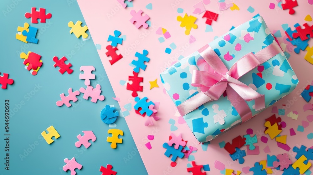Colorful puzzle pieces and gift box on pink and blue background. Colorful puzzle pieces and gift box on pink and blue background.
