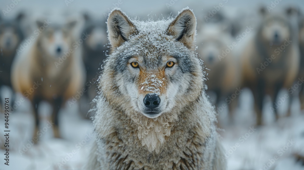 Majestic wolf standing in front of blurred sheep in snowy landscape Majestic wolf standing in front of blurred sheep in snowy landscape