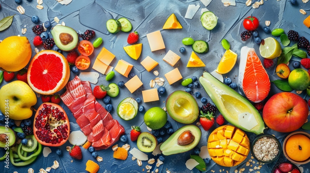 Healthy food flat lay with fruit, vegetables, salmon, and cheese. Healthy food flat lay with fruit, vegetables, salmon, and cheese.