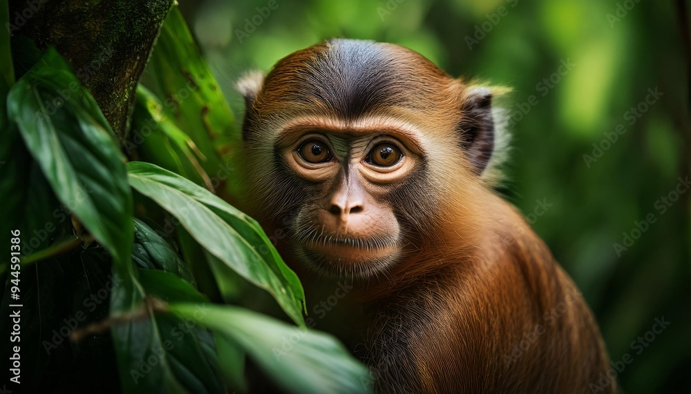 Fototapeta premium Portrait of a monkey among greenery