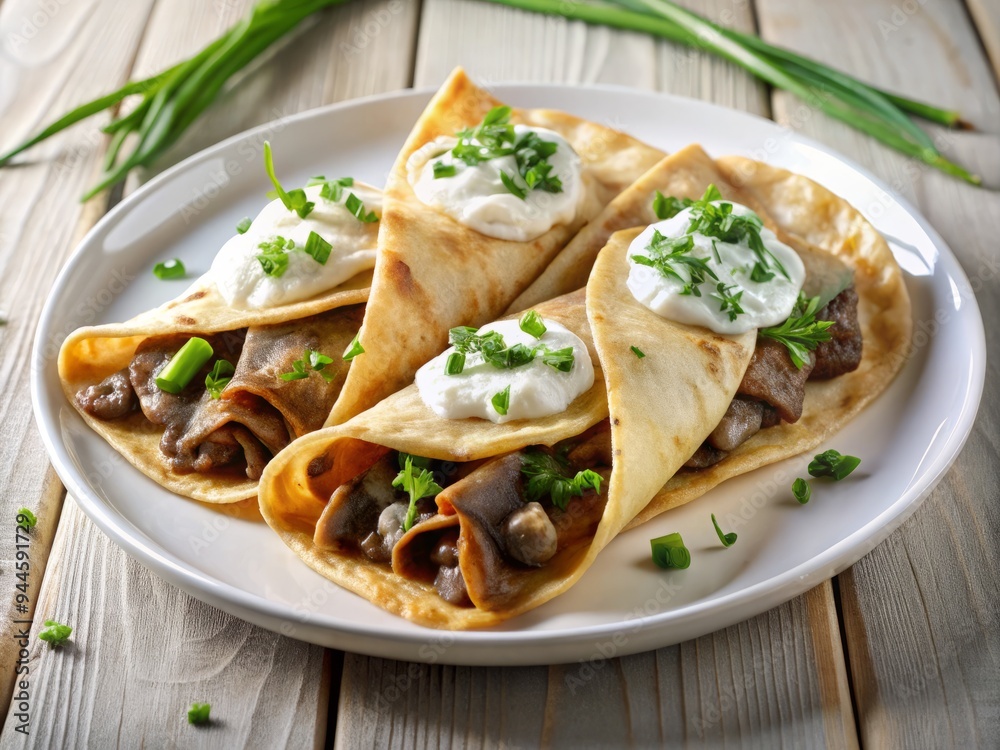Beef and Mushroom Crepes, each topped with a dollop of sour cream and a sprinkle of chopped chives Beef and Mushroom Crepes, each topped with a dollop of sour cream and a sprinkle of chopped chives
