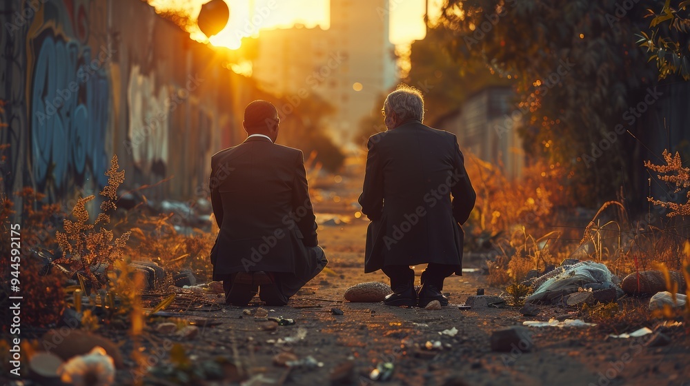 Two men kneeling in urban setting sharing a reflective moment at sunset