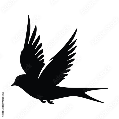 Simple black color flying bird silhouette on white background, bird vector icon