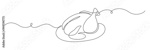 Roasted chicken or turkey in one continuous line drawing. Thanksgiving dinner in simple linear style. Fall harvest in editable stroke. Doodle outline vector illustration