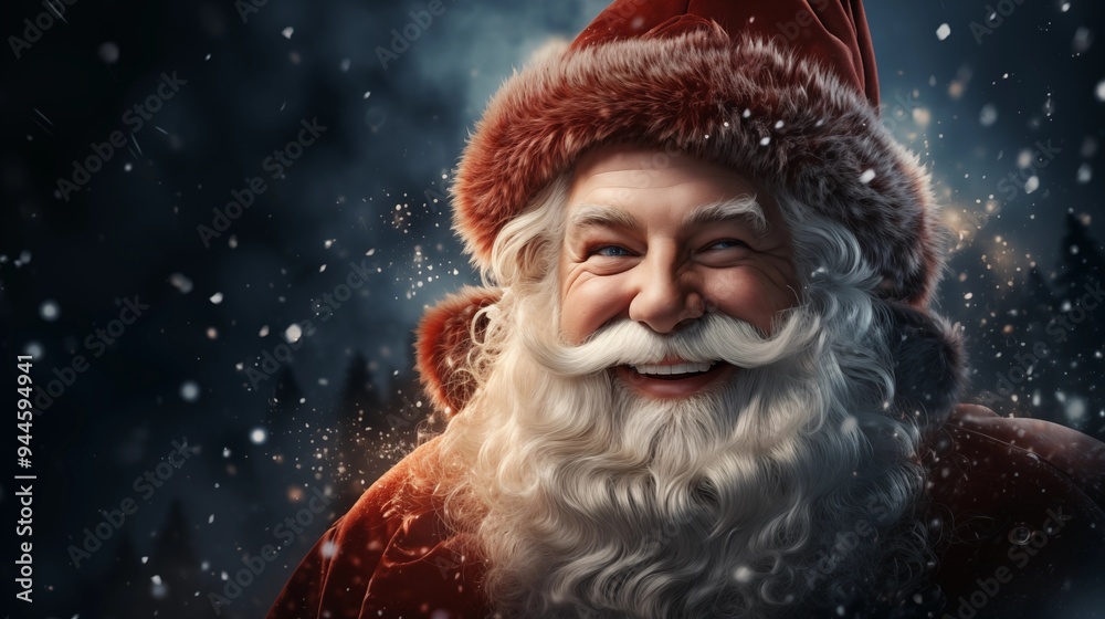 illustration from below of happy Santa Claus with a full white beard and twinkling eyes smiles warmly, with snowflakes gently falling in the background against a dark night sky illustration from below of happy Santa Claus with a full white beard and twinkling eyes smiles warmly, with snowflakes gently falling in the background against a dark night sky