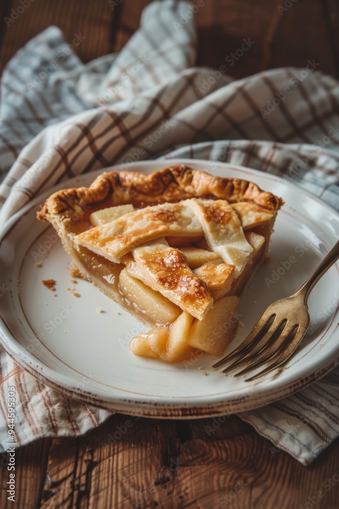 A slice of tasty delicious homemade apple pie in plate on table closeup view A slice of tasty delicious homemade apple pie in plate on table closeup view