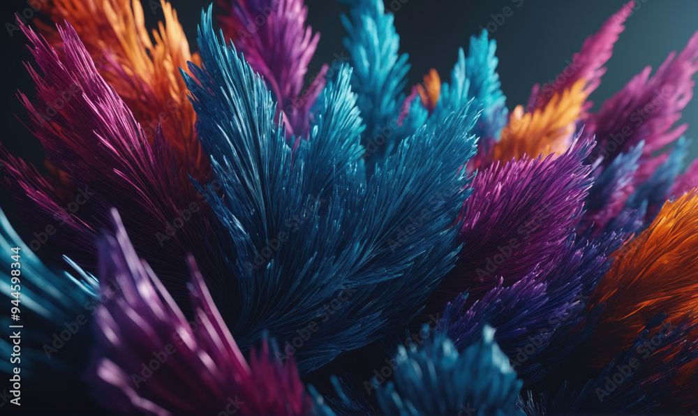 Fototapeta premium A close-up of vibrant blue, purple, and orange feathers against a dark background