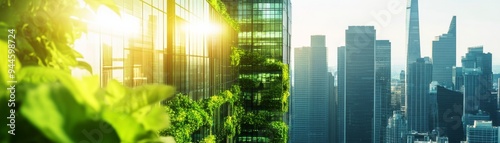 Green architecture in cities close up, focus on sustainable buildings, bright surroundings, natural light, Double exposure silhouette with city skyline