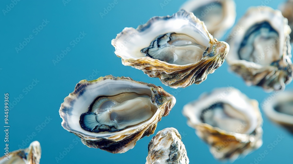 Floating oysters against a backdrop