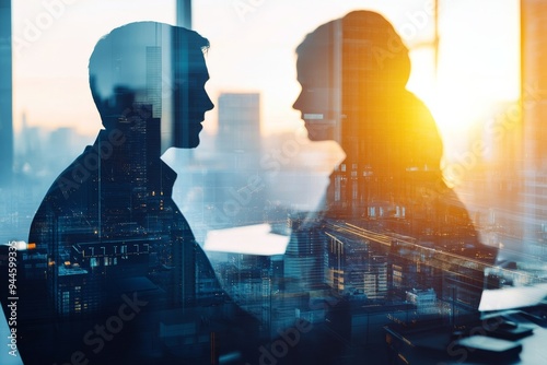 Engineering consulting focus on client meetings, modern office, bright light, Double exposure silhouette with consulting tools
