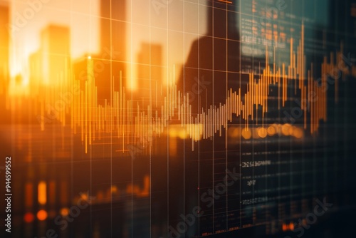 Engineering in financial planning focus on techdriven decisions, organized environment, warm tones, Double exposure silhouette with financial graph