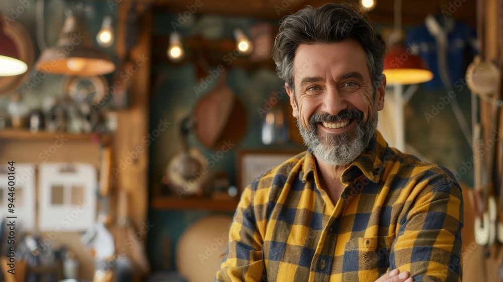 A smiling man in a cozy workshop, wearing a plaid shirt, evoking warmth and craftsmanship in a rustic, creative environment. A smiling man in a cozy workshop, wearing a plaid shirt, evoking warmth and craftsmanship in a rustic, creative environment.