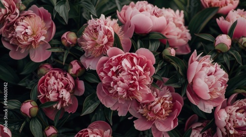 Fototapeta Naklejka Na Ścianę i Meble -  A close-up of vibrant pink peonies in full bloom, showcasing their delicate petals and lush beauty, evoking elegance and nature.