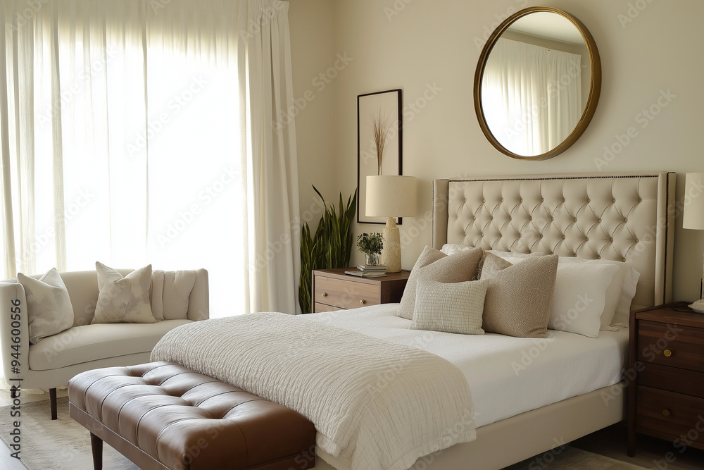 Fototapeta premium Modern Farmhouse Bedroom with Neutral Accents and Warm, Elegant Design
