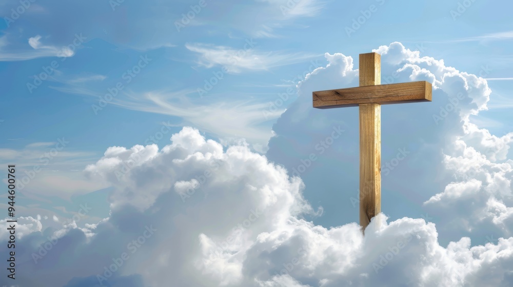 A wooden cross stands tall above fluffy white clouds, symbolizing faith, hope, and spirituality against a clear blue sky. A wooden cross stands tall above fluffy white clouds, symbolizing faith, hope, and spirituality against a clear blue sky.