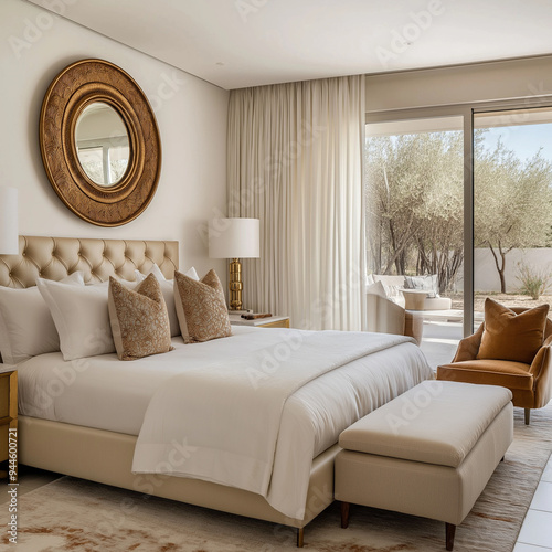 Modern Farmhouse Bedroom with Neutral Accents and Warm, Elegant Design