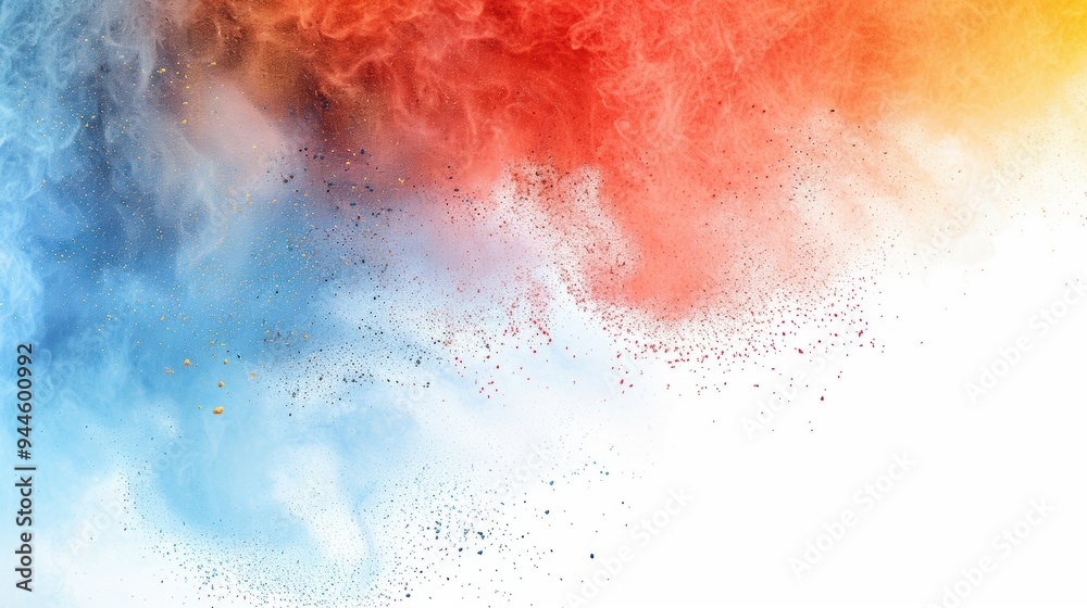 A dynamic abstract composition of blue and red powder clouds colliding in mid-air, creating a vivid burst of color. A dynamic abstract composition of blue and red powder clouds colliding in mid-air, creating a vivid burst of color.
