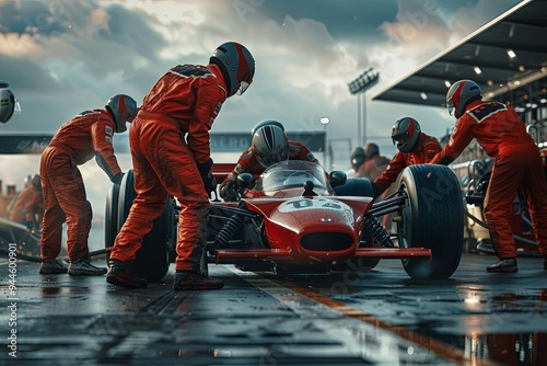 A dedicated race car team swiftly changes tires on a red car at a racetrack during a competitive event under overcast skies. Generative AI photo