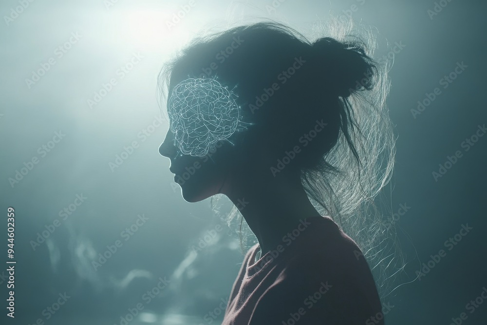 Artistic silhouette of a young woman with her face dissolving into a cloud of particles symbolizing the ethereal nature of thought memory and the human soul Artistic silhouette of a young woman with her face dissolving into a cloud of particles symbolizing the ethereal nature of thought memory and the human soul