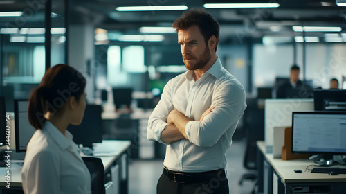 Angry businessman, standing with arms crossed and an intense glare, staring down at an employee who looks apologetic photo