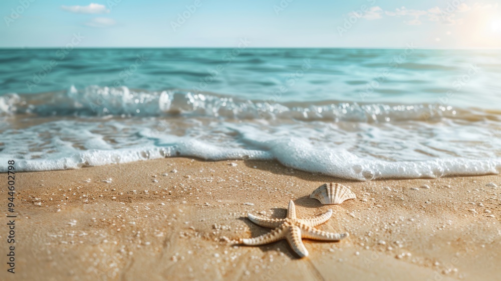 A starfish and seashells rest on the sandy beach with gentle ocean waves approaching under a bright sunny sky. A starfish and seashells rest on the sandy beach with gentle ocean waves approaching under a bright sunny sky.