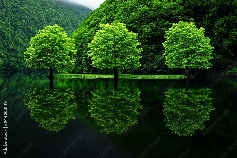 Peaceful reflections of trees in still water, captured in a realistic photo that highlights the harmony of nature