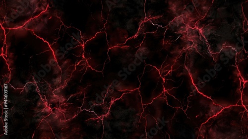 Abstract red lightning-like cracks stretch across a black and dark marbled surface, creating a dramatic and intense visual effect.