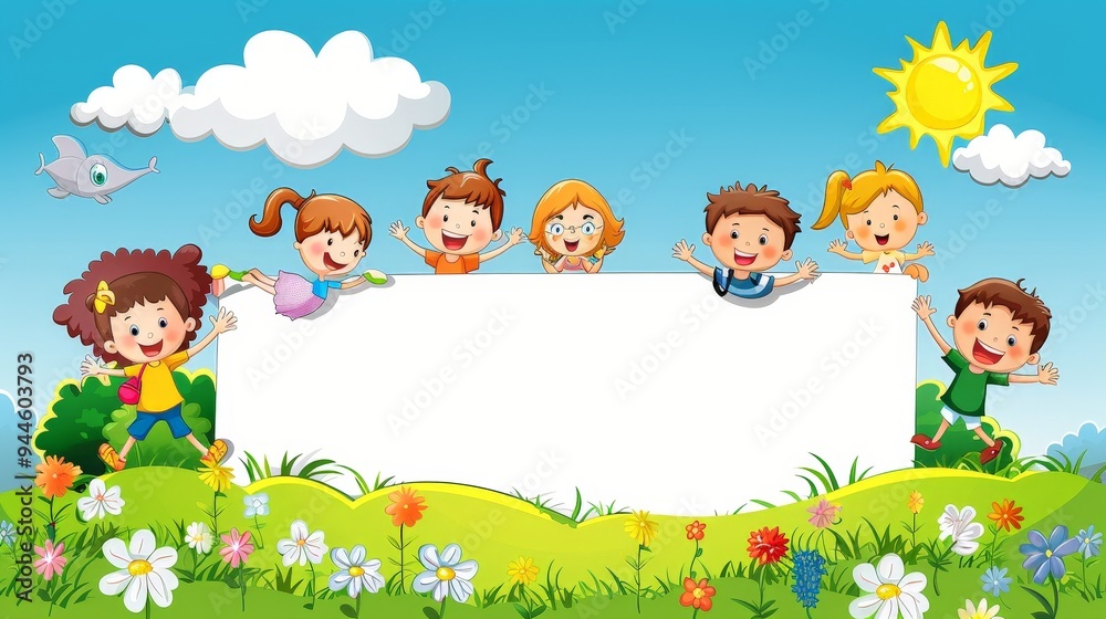 Happy Kids Holding Blank Banner in Green Meadow. Happy Kids Holding Blank Banner in Green Meadow.