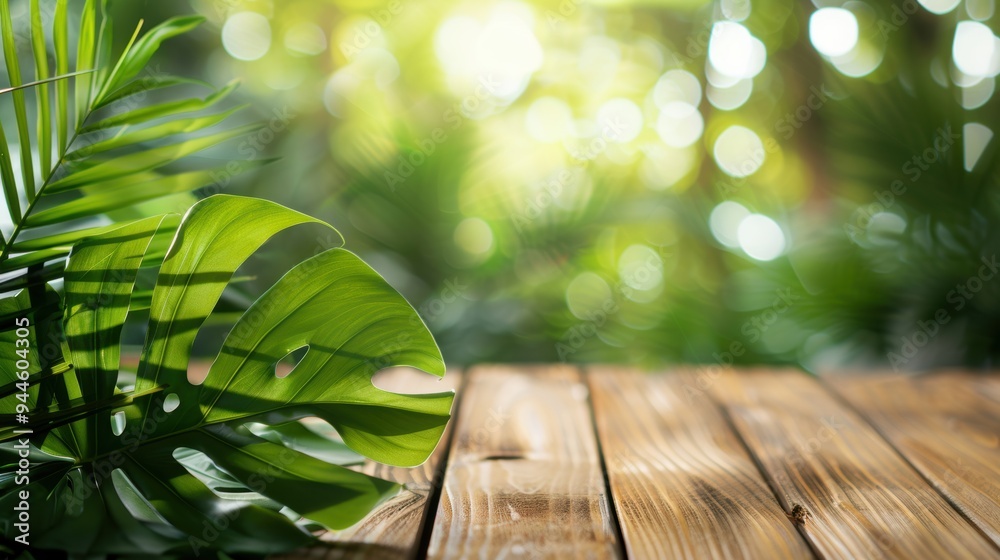 Tropical green leaves cast shadows on a wooden surface with sunlight filtering through, creating a serene, nature-inspired scene. Tropical green leaves cast shadows on a wooden surface with sunlight filtering through, creating a serene, nature-inspired scene.