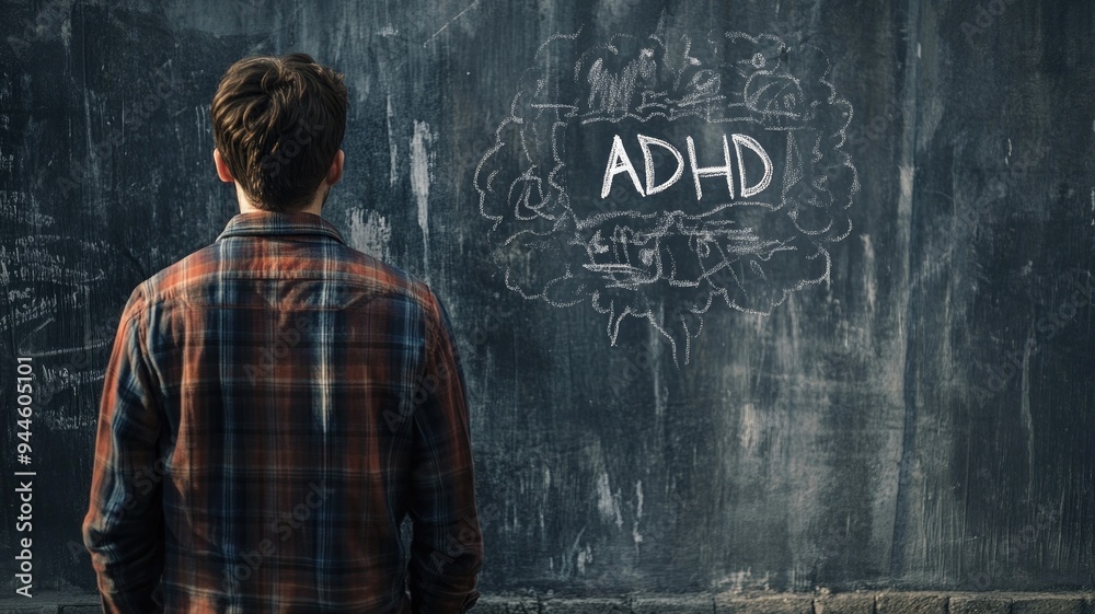Young man with ADHD stands facing chalkboard related drawings Young man with ADHD stands facing chalkboard related drawings