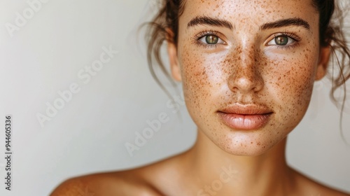 Close-up portrait of a young woman with freckles, showcasing her natural beauty with a serene expression against a plain background.