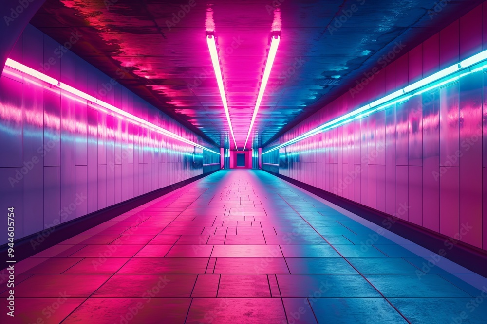 A long, brightly lit tunnel featuring blue and pink neon lights reflecting off the walls, creating a modern aesthetic at night. Generative AI A long, brightly lit tunnel featuring blue and pink neon lights reflecting off the walls, creating a modern aesthetic at night. Generative AI