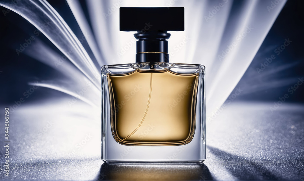 A glass bottle of perfume sits on a reflective surface, illuminated by a bright light A glass bottle of perfume sits on a reflective surface, illuminated by a bright light