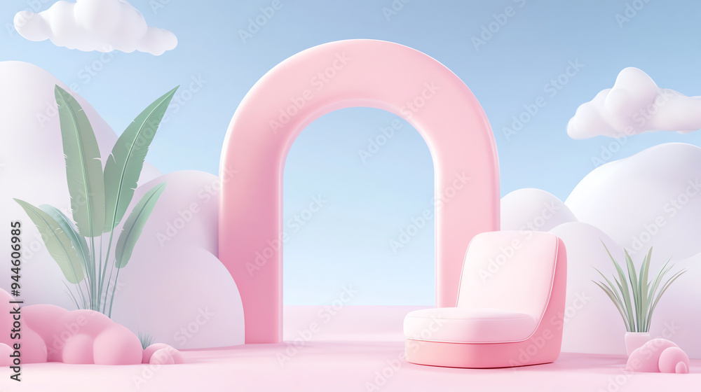A whimsical pastel scene featuring a pink arch and soft chair surrounded by playful clouds and lush greenery, perfect for design inspiration. A whimsical pastel scene featuring a pink arch and soft chair surrounded by playful clouds and lush greenery, perfect for design inspiration.