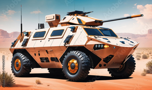 A beige armored vehicle with a turret and a cannon is driving through a desert landscape