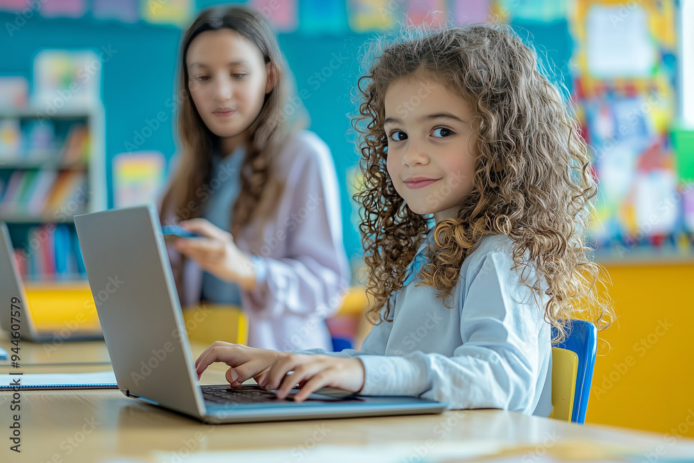 Smiling Girl Student Learning on Laptop in Classroom Smiling Girl Student Learning on Laptop in Classroom