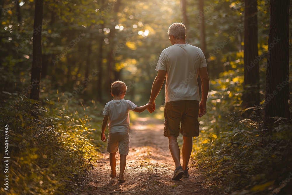 Father and Son Walking Together Through a Forest Trail Father and Son Walking Together Through a Forest Trail