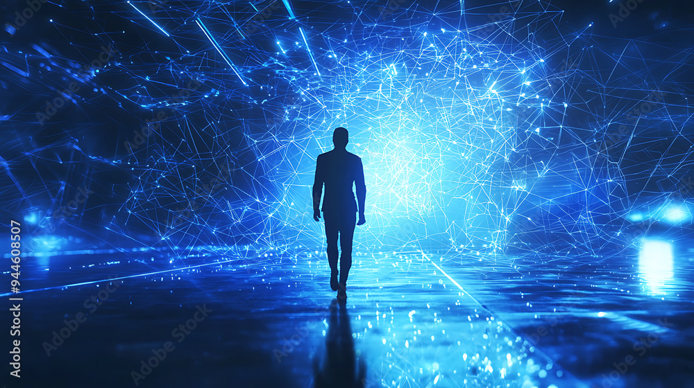 Futuristic Silhouette Walking Through a Digital Universe Futuristic Silhouette Walking Through a Digital Universe