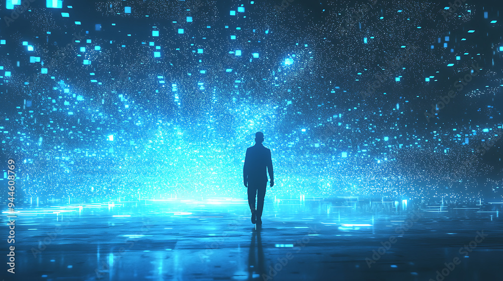 Silhouette Walking into a Digital Matrix of Blue Lights Silhouette Walking into a Digital Matrix of Blue Lights