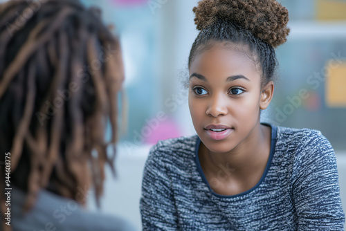 Young Woman Listening to Conversation, Serious Expression