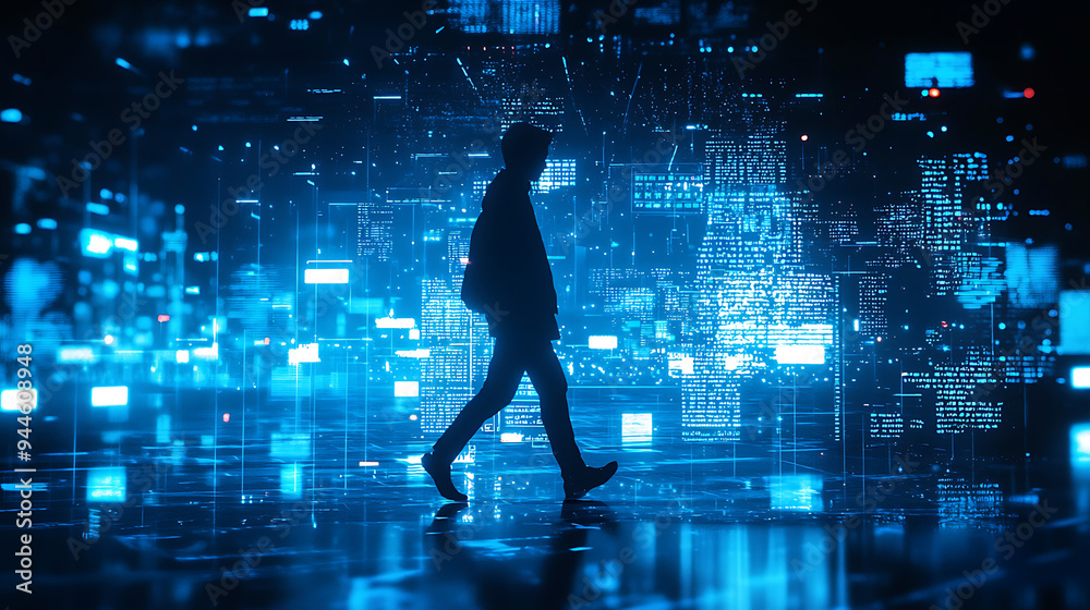 Silhouette Walking into a Digital Matrix of Blue Lights Silhouette Walking into a Digital Matrix of Blue Lights