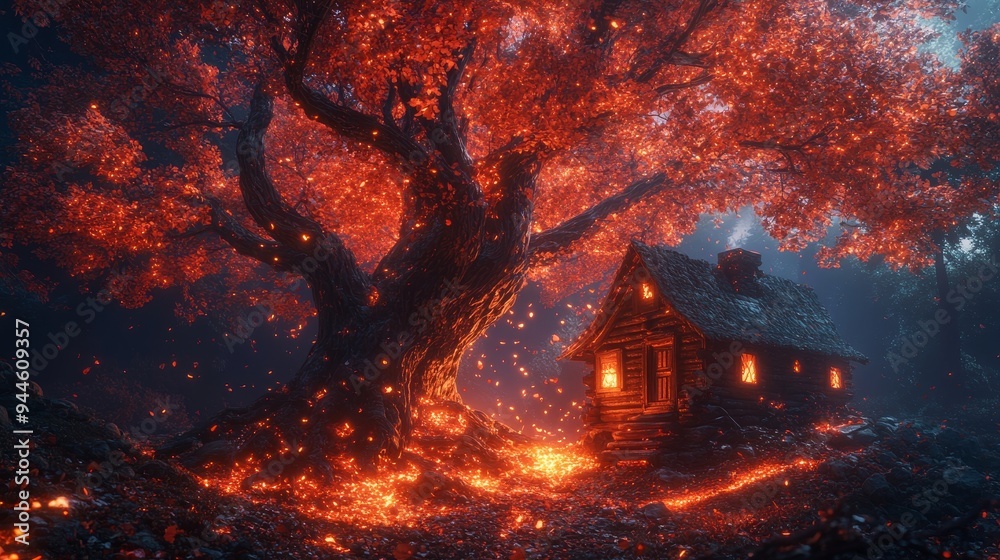 A small cabin crushed by an enormous tree, leaves and branches scattered everywhere, fantasy style, glowing embers in the background, twilight colors, ethereal lighting, mystical atmosphere.