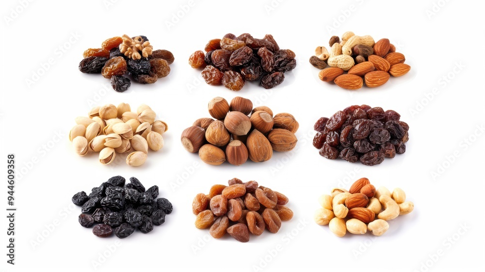 Obraz premium Raisin grain and a variety of nuts closeup view