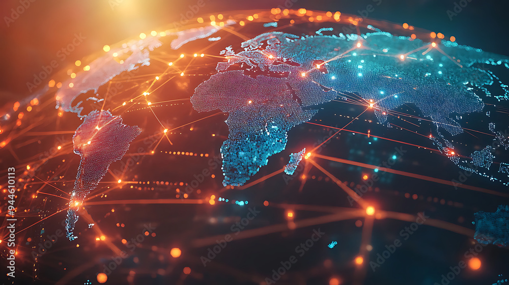 Digital World Map with Global Network Connections