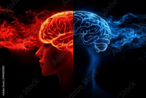 Split image of a human profile with glowing red and blue brains symbolizing the duality of emotion and logic within the mind and the ongoing battle between passion and reason